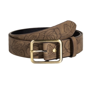Brown textured leather belt with vintage floral embossing and bronze pin buckle