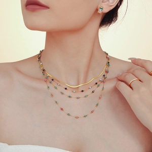 Lapis lazuli layered necklace set with gold snake chain and colorful beads