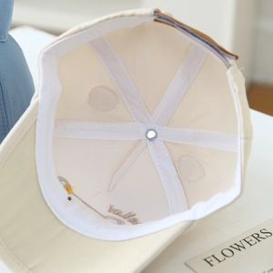 Detail view of baby baseball cap interior showing six-panel structure and embroidery