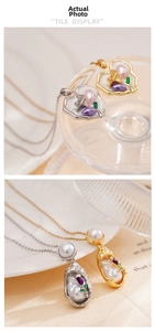 Detail of 18K gold-plated heart enamel floral pendant and pearl necklace with retro French style