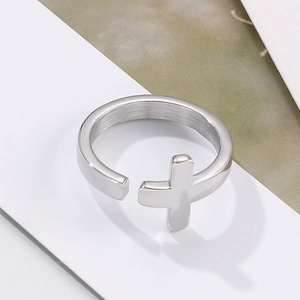 Polished silver stainless steel cross ring with an adjustable open band for couples