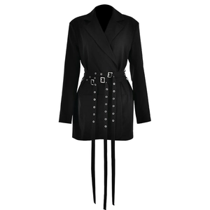 Chic black slim fit blazer dress with long sleeves and silver grommet belt detail