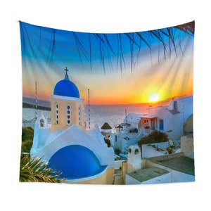 Detailed texture of Santorini sunset tapestry with blue dome churches and ocean scenery
