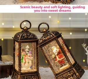 Detail of vintage Christmas snow globe lantern with snowman and warm LED lights