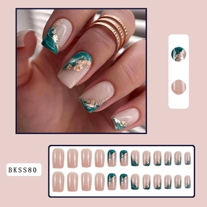 Detail of pink and dark green marble press-on nails with gold foil accents, BKSS80 set