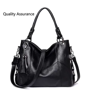 Large Capacity Women Shoulder Bag Soft PU Leather Patchwork Stitching Retro Hobo Bag With Tassel Charm Adjustable Strap