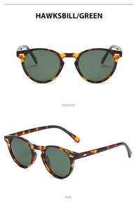 Polarized retro round sunglasses in hawksbill frame with green lenses in two views