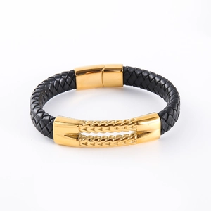 Detail of men's braided leather bracelet with gold plated stainless steel clasp