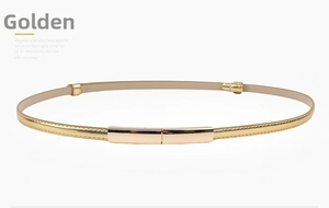 Detail of minimalist slim golden metal waist belt with a rectangular polished buckle