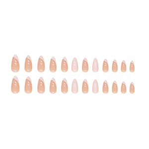 French tip almond press-on nails with pink base and silver glitter details, 24 pieces set
