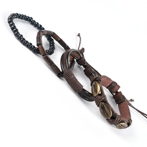 Bohemian multi-layer leather bracelet set with wooden beads and bronze shell charm