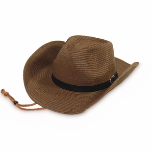 Detail of a brown woven western cowboy straw hat with black decorative band and wind rope
