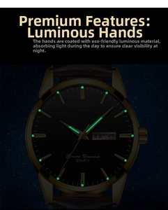 Macro shot of luminous hands and indices on a gold men's quartz watch in the dark