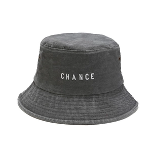Unisex washed cotton bucket hat in dark grey with white CHANCE letter embroidery