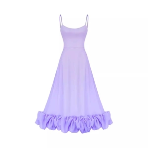 Elegant lavender spaghetti strap A-line dress with ruffled hem and flowy maxi length