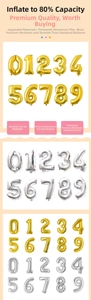 Detail of durable gold and silver foil number balloons with anti-explosion material texture