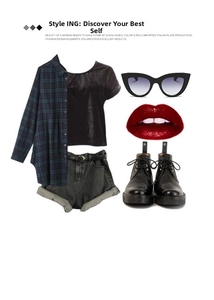 Collage of black cat-eye sunglasses with plaid shirt, denim shorts, and black combat boots