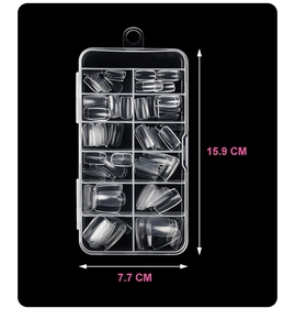 Transparent fake nail set in 10 compartment box with dimensions 15.9 x 7.7 cm