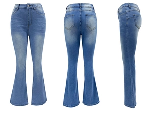 Vues détaillées du jean évasé taille haute bleu montrant les profils avant arrière et côté