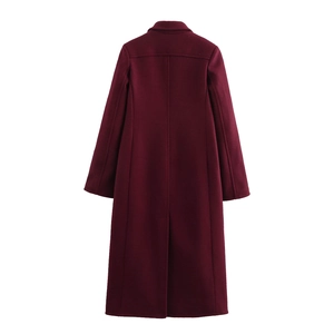 Back view of wine red wool blend coat with classic lapel and center back slit detail