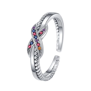 Elegant s925 silver twisted knot ring with colorful cubic zirconia in a modern open design