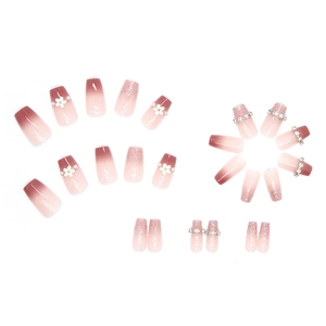 Pink gradient coffin press-on nails with 3D white flowers, pearls and rhinestones