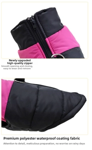 Close-up of waterproof quilted polyester fabric with D-ring and resin zipper on dog jacket