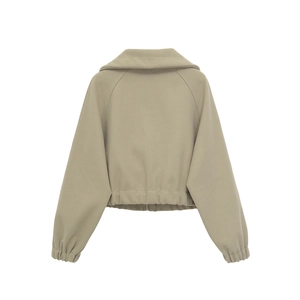 Back view of a light khaki drawstring cropped jacket with drop shoulders and elastic hem