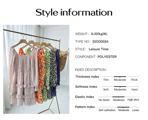Detailed chart showing weight, material and style for floral long sleeve dresses