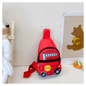 Detail of red cartoon school bus chest bag for kids with adjustable shoulder strap