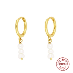 Elegant S925 sterling silver gold hoop earrings with three dangling white pearls