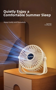 Ivory desktop USB fan with adjustable base showing airflow and quiet sleep mode