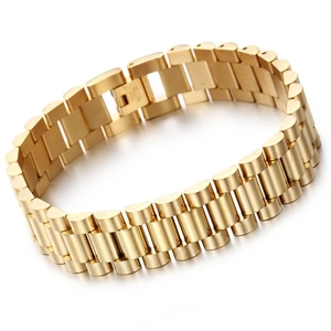 Golden 15mm stainless steel watch band style bracelet with classic president link design