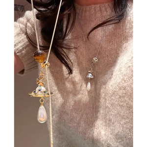 Tiger Eye Stone Pendant Necklace Copper Orb Cross Planet Water Drop Artificial Pearl Vintage Long Sweater Chain For Women