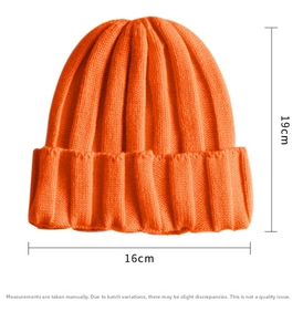 Size chart showing dimensions of the orange ribbed knit beanie for children and parents
