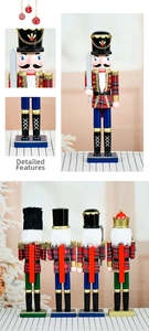 Detail of 38cm wooden nutcracker soldier featuring red plaid fabric and silver sword