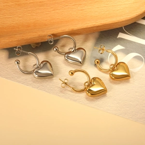 Minimalist Stainless Steel Heart Pendant Hoop Earrings For Women Western Style Gold Silver Plated Fashion Jewelry Accessories