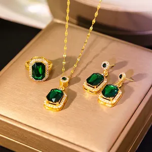 Elegant Emerald Cut Zirconia Jewelry Set Titanium Steel Green Purple Red Gemstone Necklace Earrings Ring For Women Jewelry