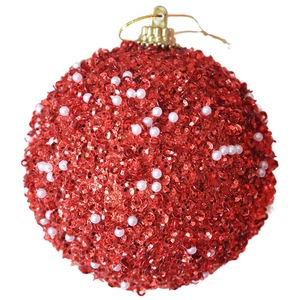 Red Christmas ball ornament with sparkling sequins and white pearl beads for festive decor