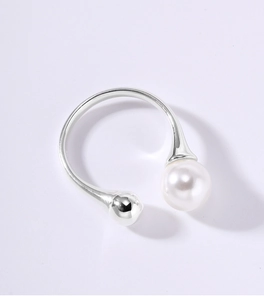 Detail of S925 sterling silver open ring with a white pearl and silver bead accent