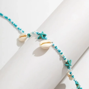 Bohemian beach waist chain with blue beads, sea shell and turquoise starfish pendants