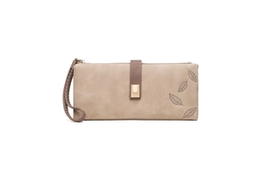 Detail of khaki long wallet featuring vintage leaf buckle and textured matte finish