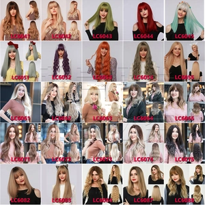 Collage of long wavy wigs with bangs in multiple colors like brown and blonde