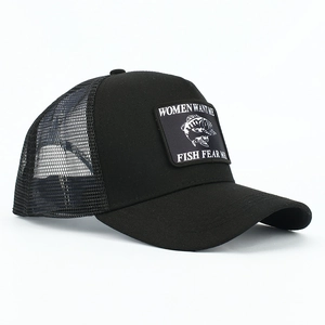 Black breathable mesh fishing trucker hat with funny Women Want Me Fish Fear Me patch design