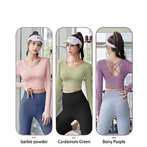 Damen Yoga-Set mit rückenfreiem Langarmshirt und Leggings mit hoher Taille in drei Farben