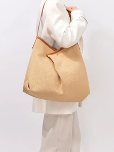 Large Capacity Canvas PU Shoulder Bag For Women Pleated Woven Tote Bag Casual Daily Beach Vacation Travel Handbag