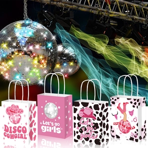 Detailed view of four Disco Cowgirl paper gift bags with cowboy hat and disco ball prints
