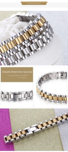 Macro view of two-tone stainless steel bracelet with president links and folding clasp