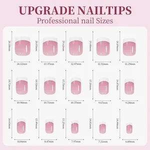 Detailed size guide chart showing lengths and widths for various professional nail tips