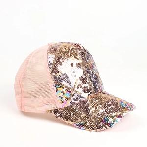Detailed view of pink mesh truck hat with sparkling Hello Kitty sequin embroidery